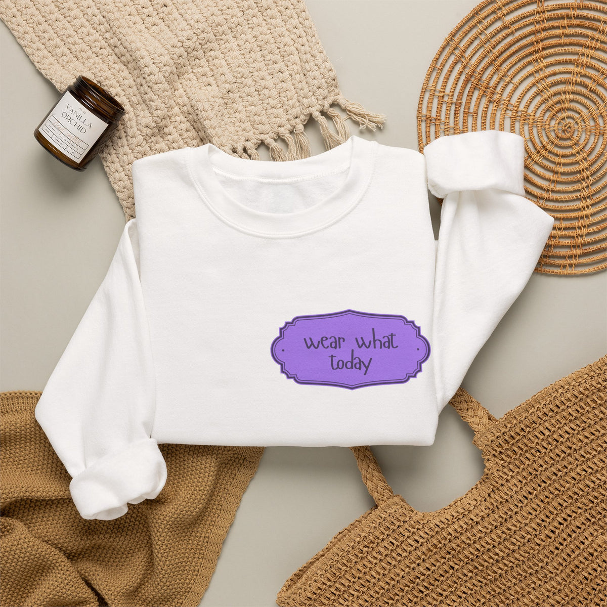 Wear What Today Crewneck Sweatshirt — Minimal Purple Label Graphic