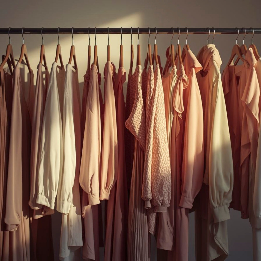 A clothing rack filled with multiple long-sleeve tops and dresses in soft blush, peach, beige, and dusty rose tones, hanging on wooden hangers against a warm-toned wall.