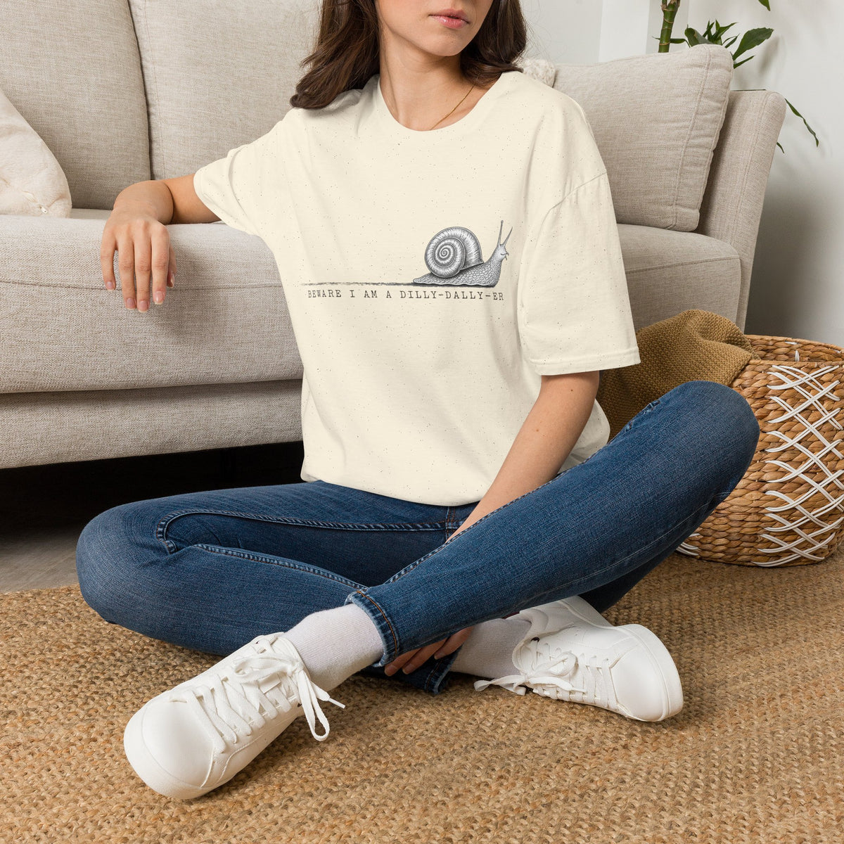 Snail Illustration T-Shirt — “Beware I Am a Dilly-Dally-er” Casual Tee