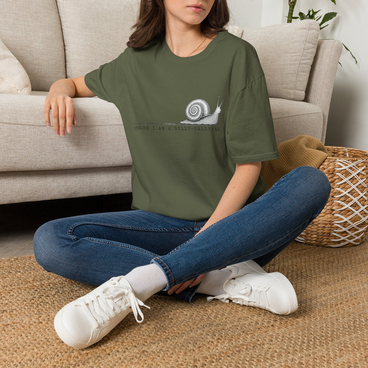 Snail Illustration T-Shirt — “Beware I Am a Dilly-Dally-er” Casual Tee