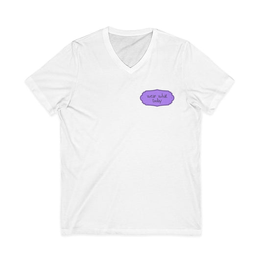 Wear What Today V-Neck Tee — Casual Purple Label Graphic T-Shirt