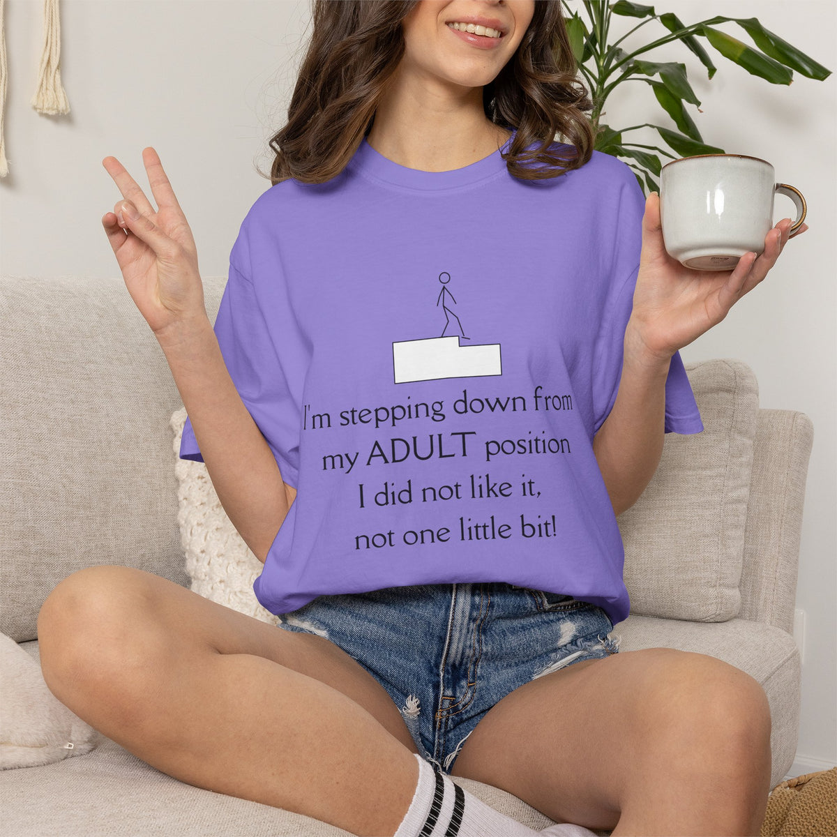 T-Shirt — “I’m stepping down from my ADULT position” Funny Retirement/Anti-Adulting Tee