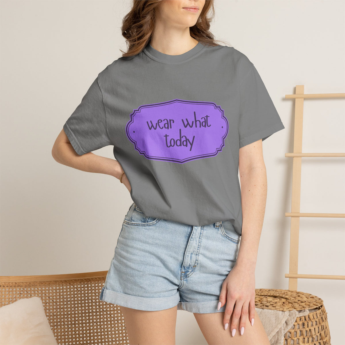 Wear What Today T-Shirt — Playful Purple Label Graphic Tee on gray